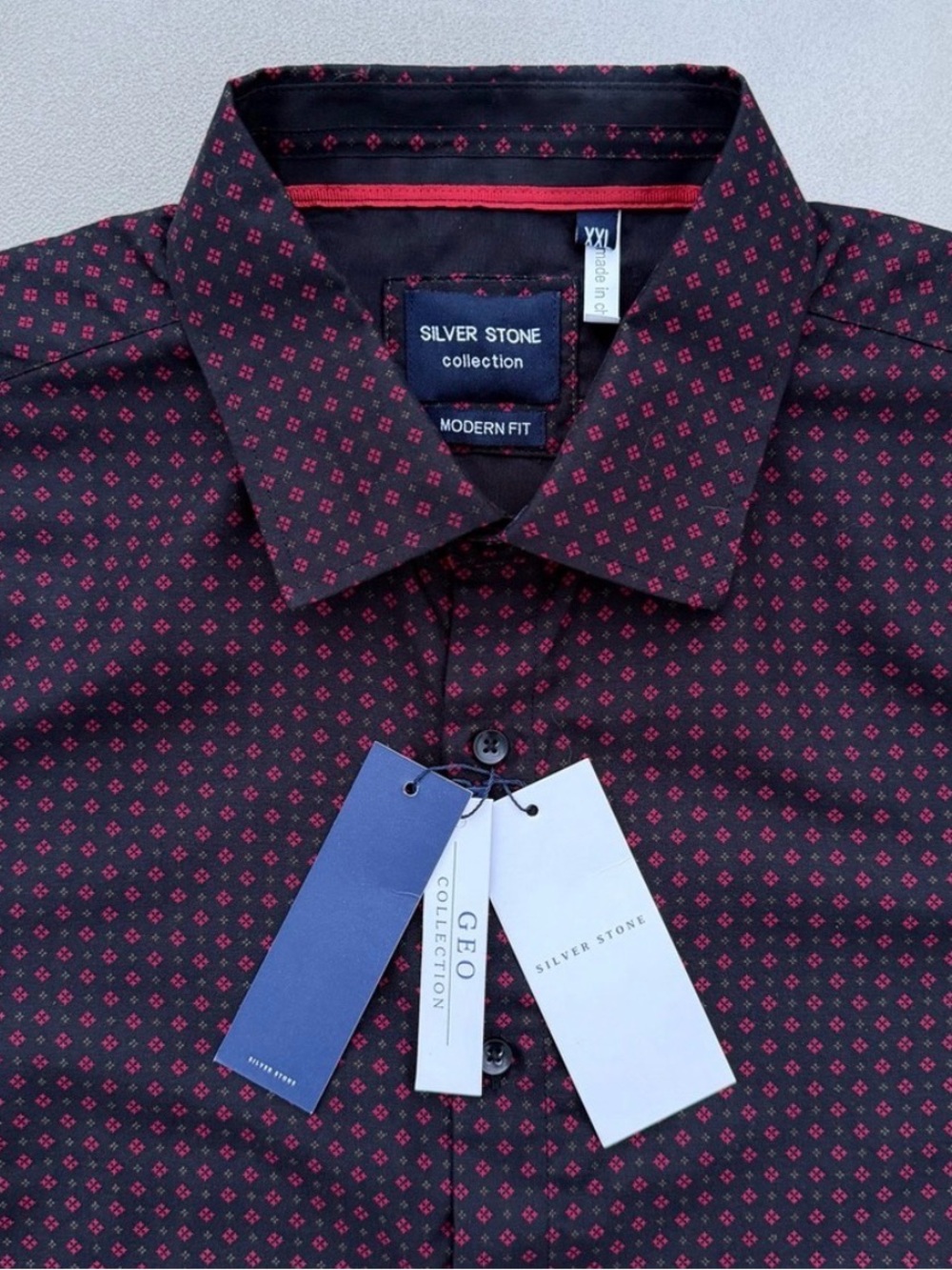 Silver Stone Black with Red Geometric Pattern Long Sleeve Dress Shirt, Men’s XXL